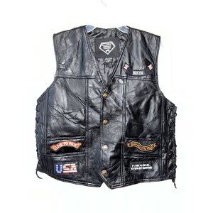 Diamond Plate Biker Leather Vest With Patriotic‎ Patches, Large